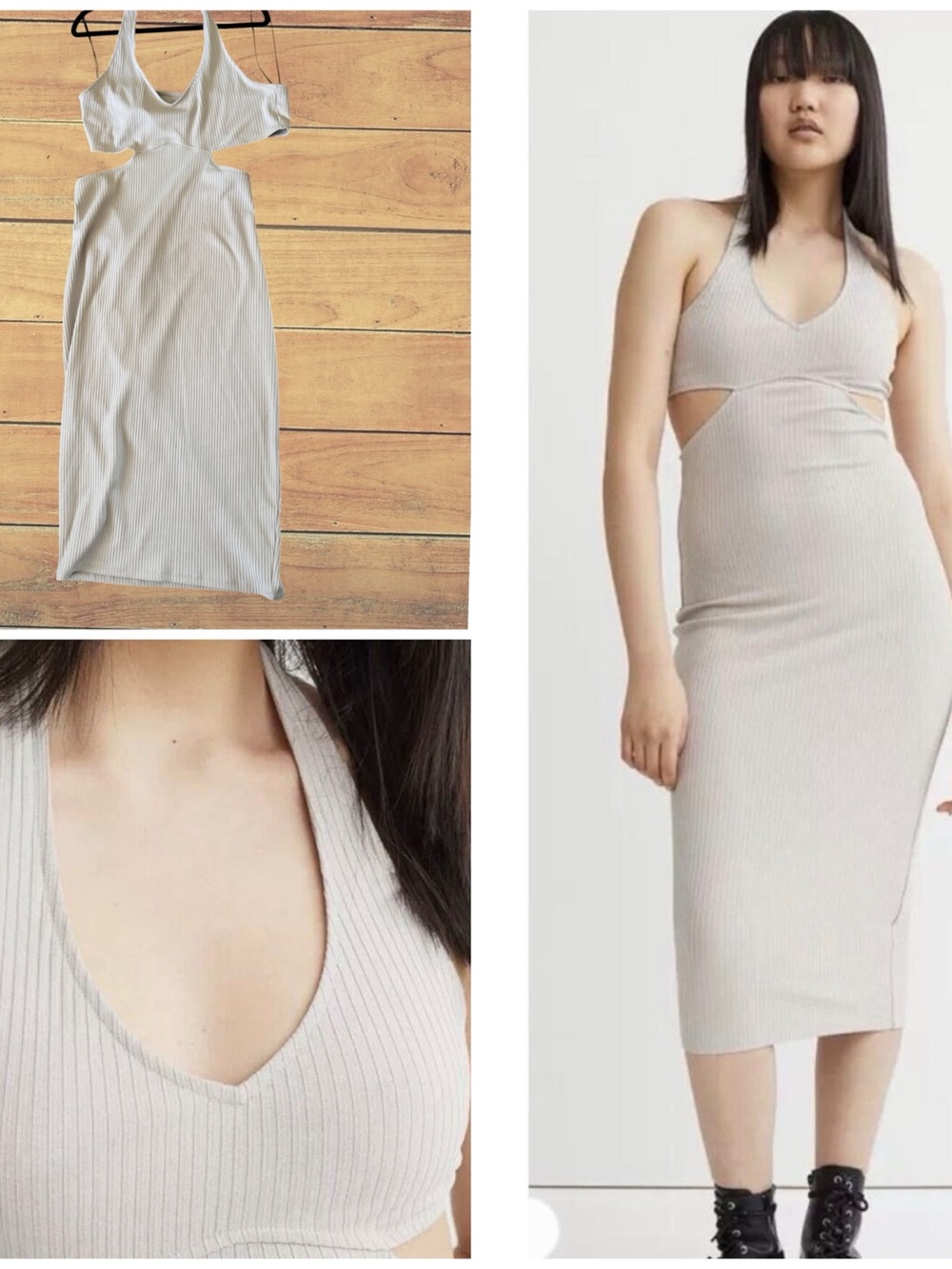 H&M Ribbed Cutout Midi Dress in Light Beige, XL